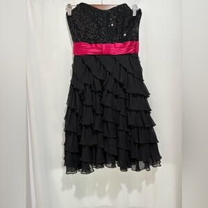 Betsey Johnson Evening Silk Strapless Sequin Fit Flare Dress Black Pink Size 2